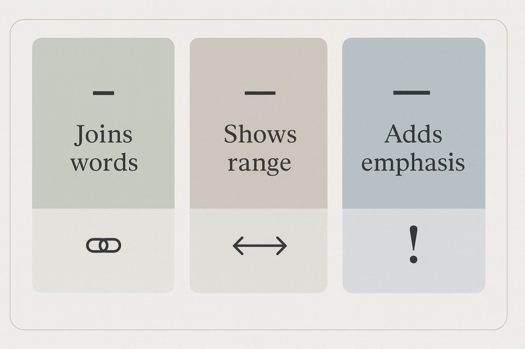 Infographic showing hyphen, en dash, and em dash with examples and usage tips.