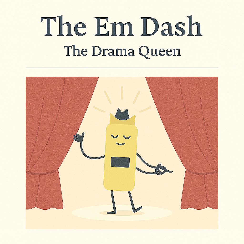 Illustration titled “The Em Dash: The Drama Queen” featuring a tall, black em dash character standing centre stage between parted red velvet curtains. The character has a horizontal dash symbol across its body, a small golden crown on its head, and a confident smile. One arm is raised in a wave, the other rests on its hip, and it stands in a golden spotlight on a soft beige background with a subtle paper texture. The title and subtitle appear above in dark grey serif font. The design is minimalist and theatrical, visually representing the em dash’s role in adding emphasis and dramatic flair to writing.